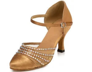 Tan Rhinestone Ballroom Closed Toe Dance Shoes Latin Salsa Dance Shoes